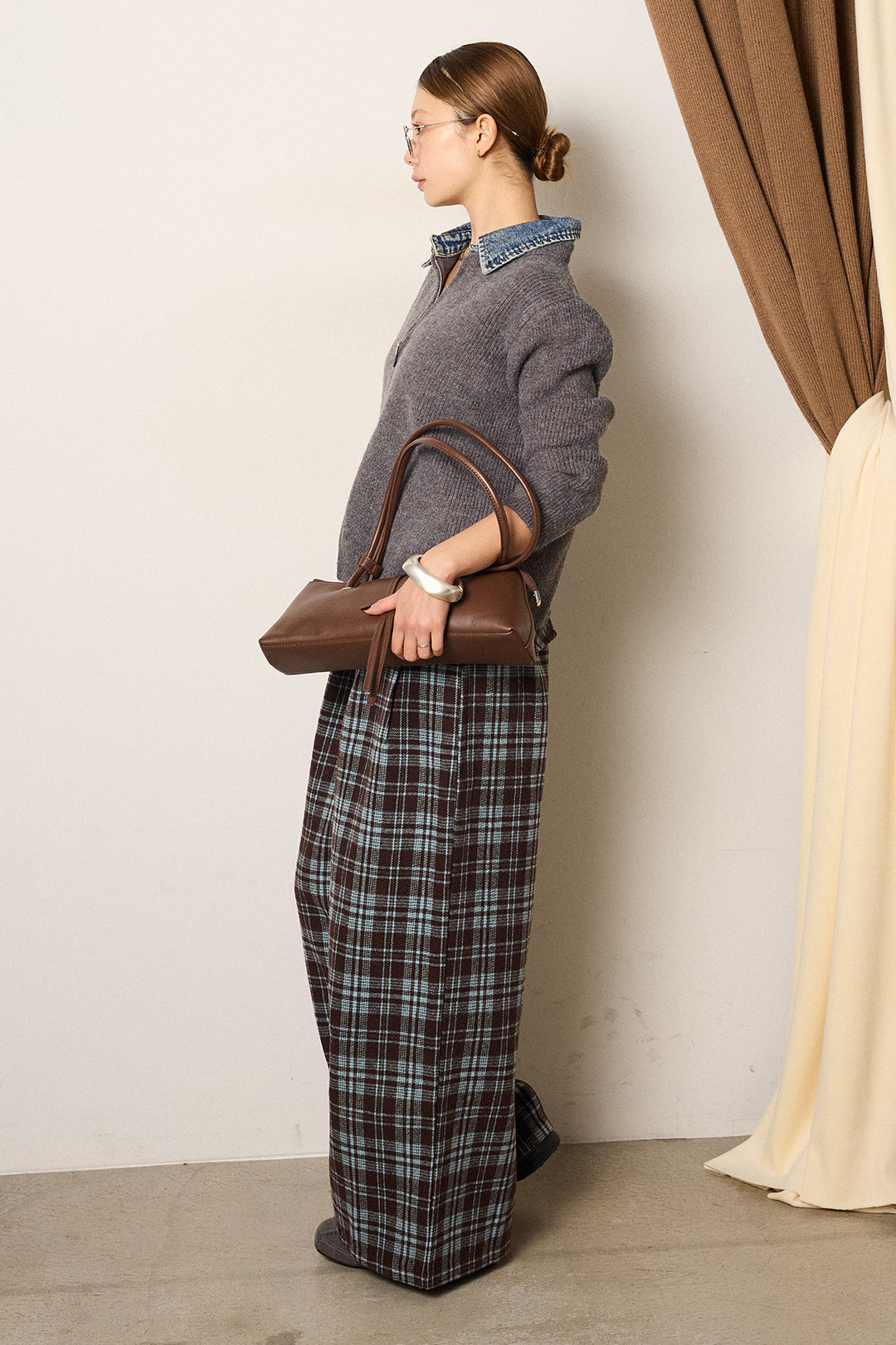 [SET]デニム襟ダブルジップニットトップス+スタッズデザインベルトタータンチェックパンツ(2set)