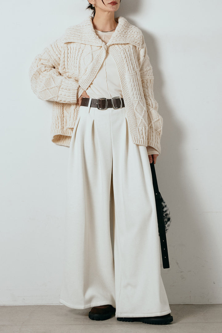 [SET]ビッグカラーケーブル編みニットトップス+2WAY袖コード刺繍クルーネックプルオーバー+フェイクレザー太ベルト付きタックワイドパンツ(3set)
