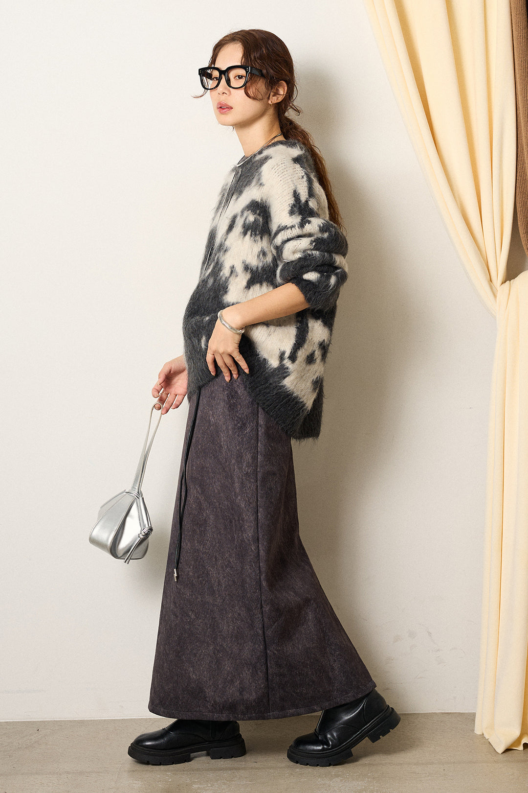 [SET]モヘアタッチマーブルニット+ロープベルト付きスウェード調スカート(2set)