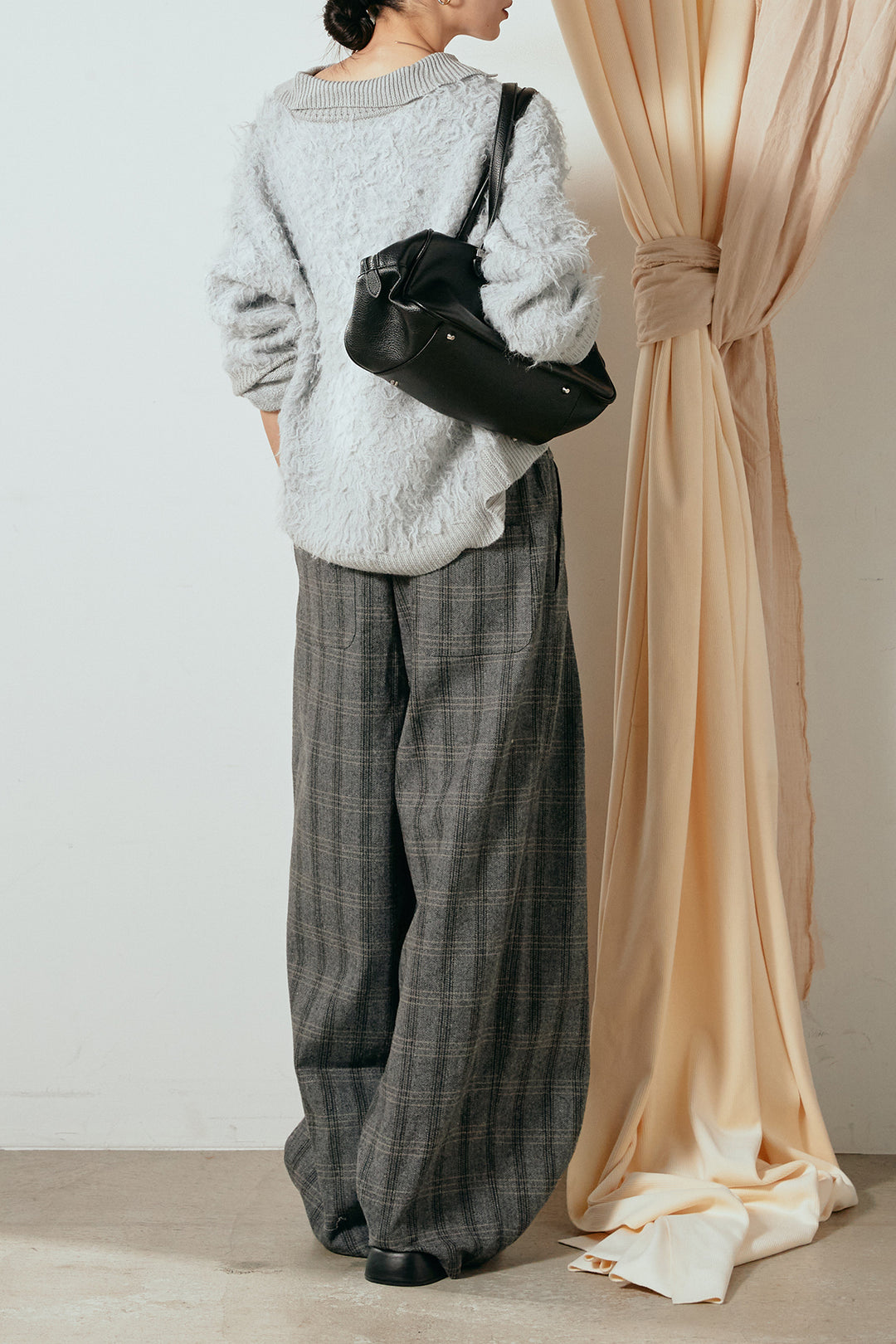 [SET]襟付きシャギーニットポロトップス+タータンチェック柄タックパンツ(2set)