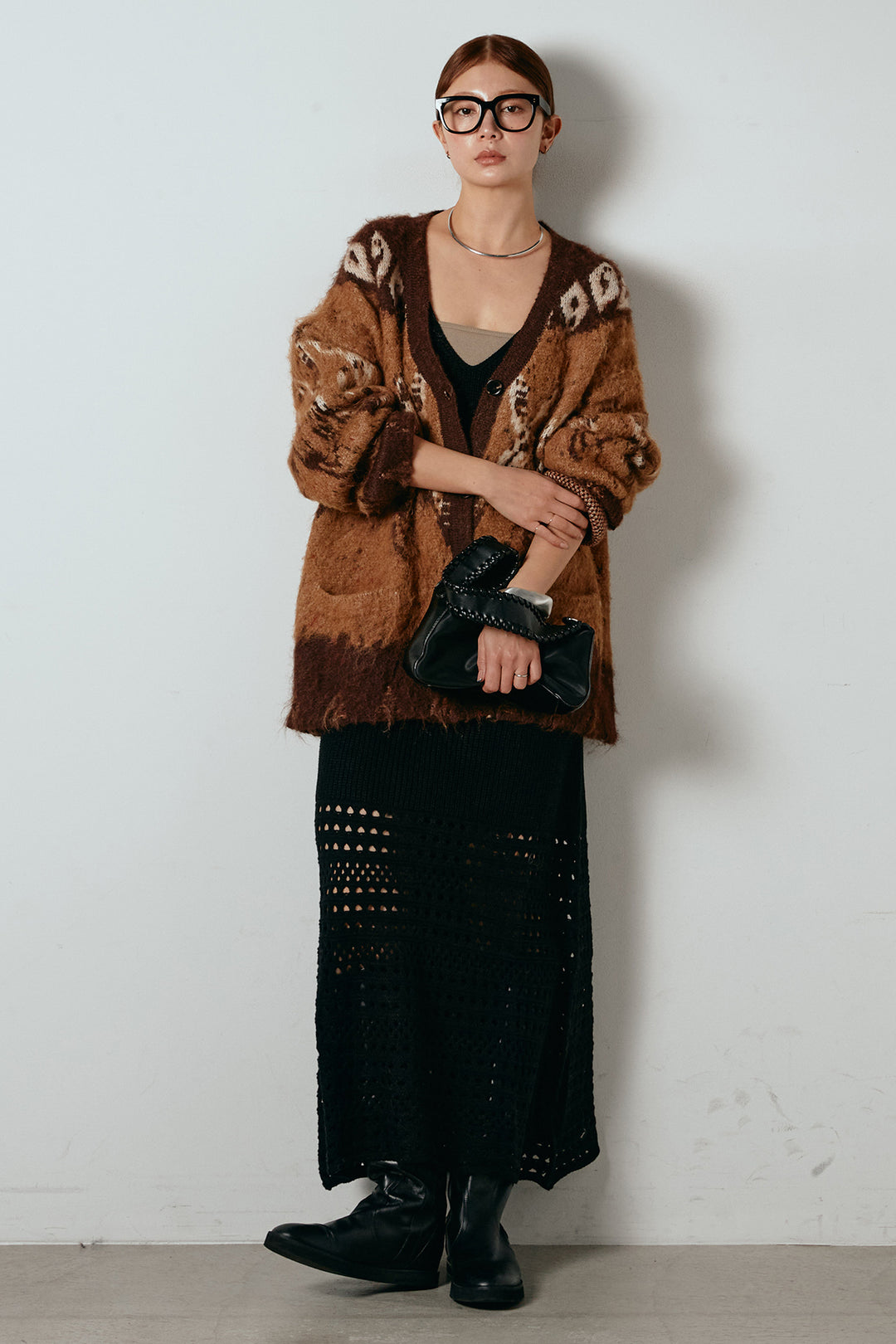 [SET]シャギーニュアンス柄ニットカーディガン+裾透かし編みキャミソールニットワンピース(2set)