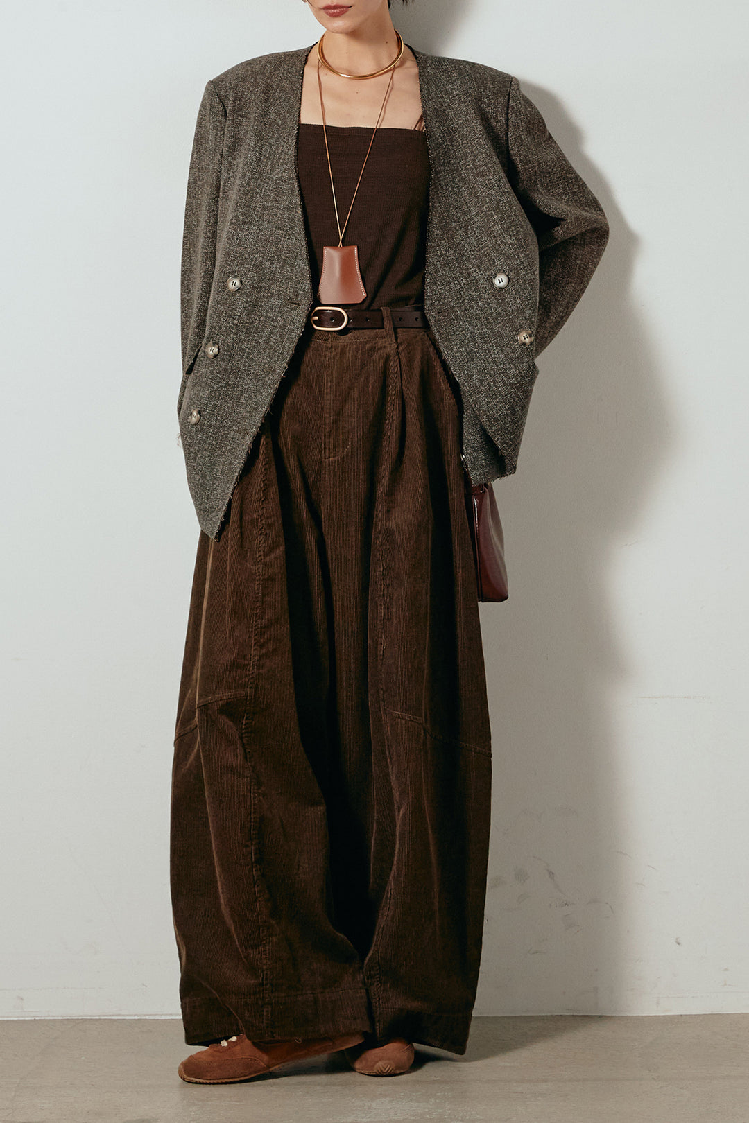 [SET]ノーカラーダブルボタンツイードジャケット+タック入りコーデュロイワイドパンツ(2set)