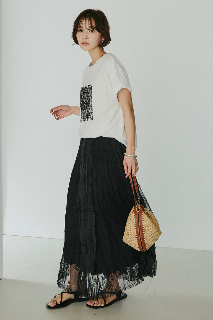 [SET]レースロゴ刺繍Tシャツ+レースコンビワッシャーギャザースカート(2set)