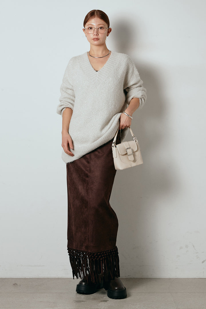 [SET]Vネックルーズラメニットトップス+スウェードライク裾フリンジスカート(2set)