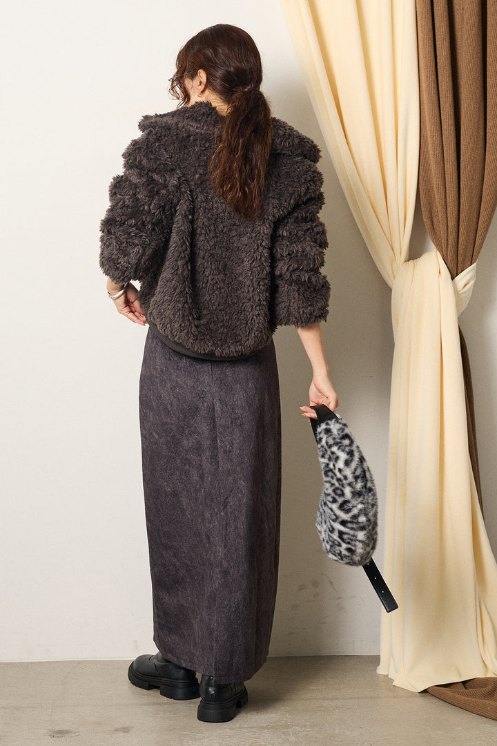 [SET]スタンドカラー裾リブボアブルゾン+ロープベルト付きスウェード調スカート(2set)