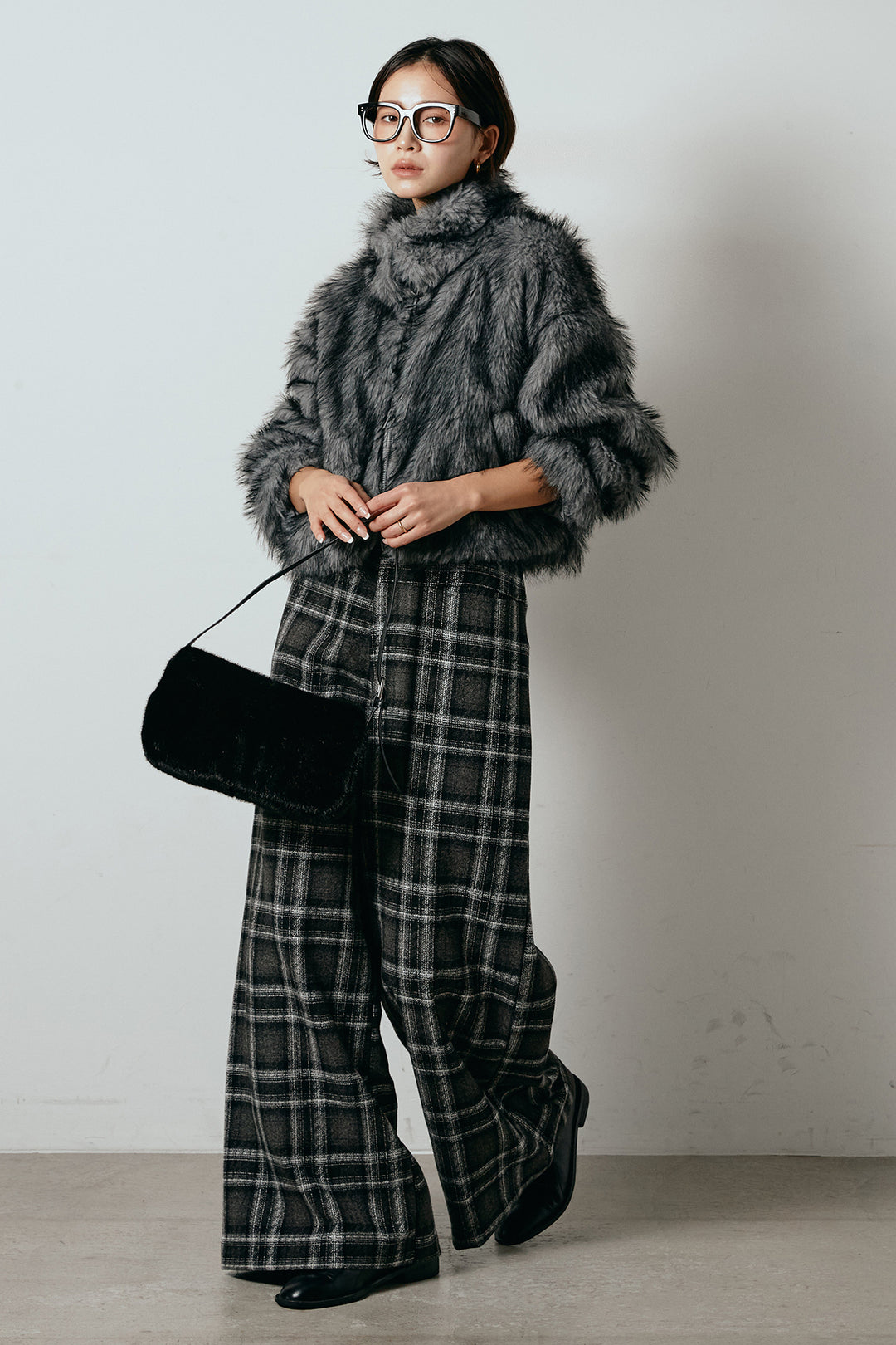 [SET]エコファーショート丈ブルゾン+ルーズタータンチェックワイドパンツ(2set)