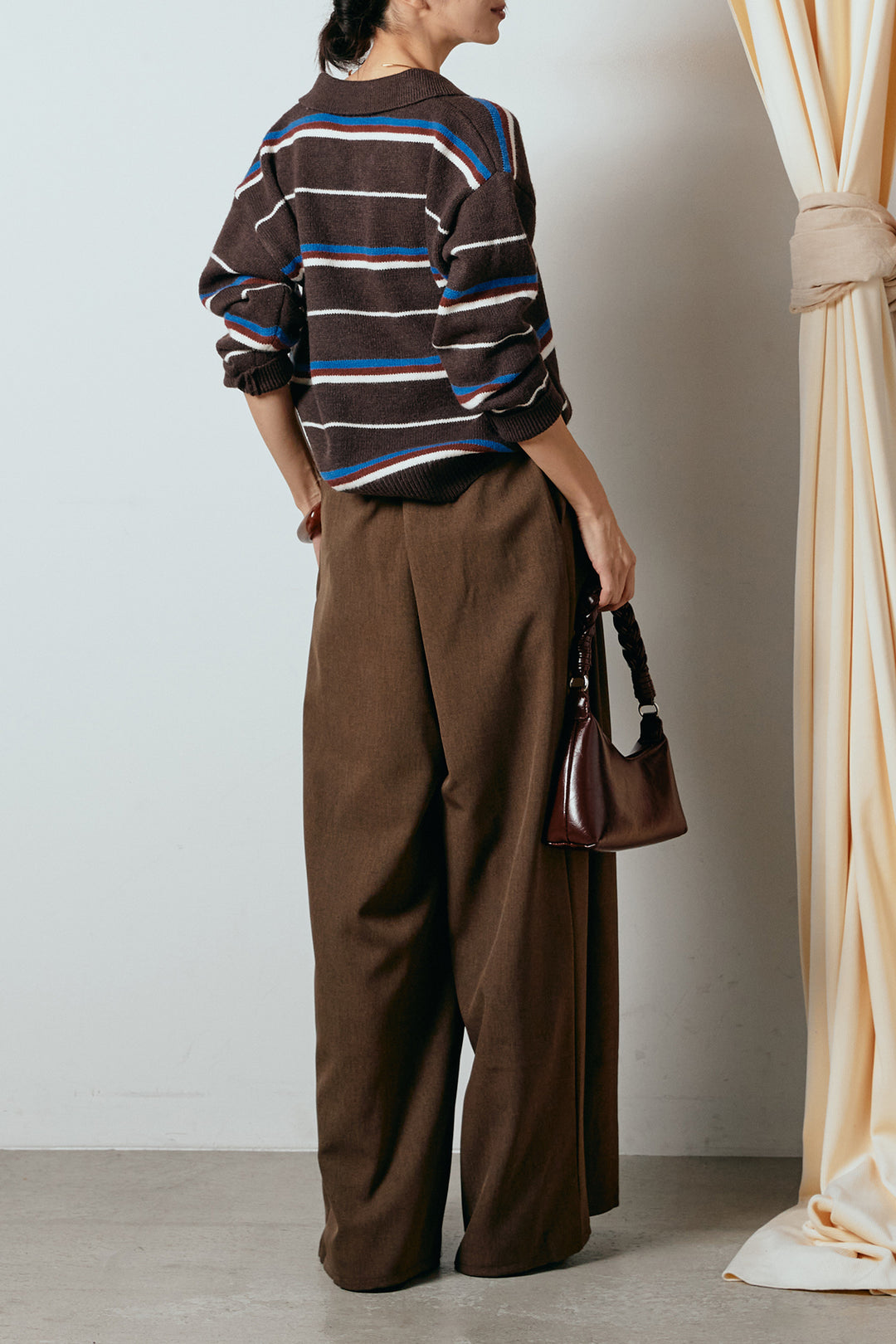 [SET]襟付きマルチボーダーニットポロトップス+ウエストステッチデザインワイドスラックス(2set)