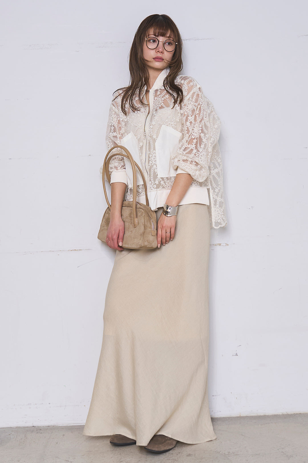 [SET]ノーカラーレースブルゾン+リネンブレンドロングナロースカート(2set)