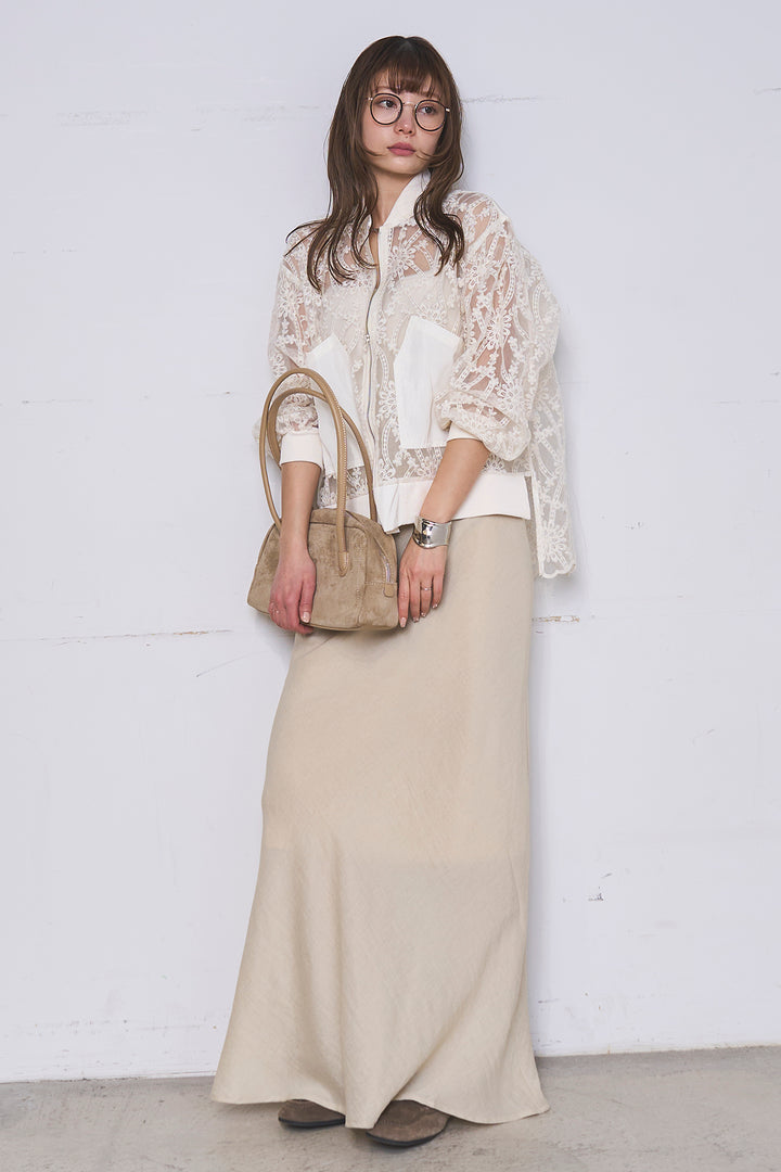 [SET]ノーカラーレースブルゾン+リネンブレンドロングナロースカート(2set)