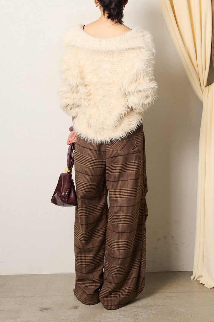 [SET]襟付きシャギーニットカーディガン+グレンチェックルーズタックパンツ(2set)