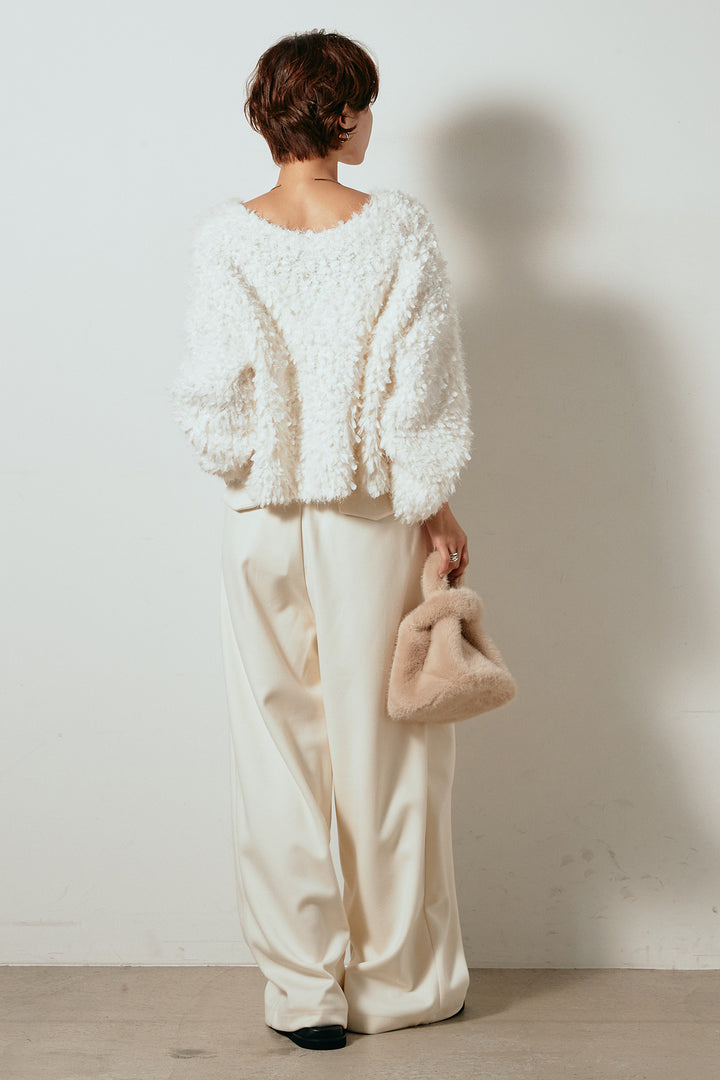 [SET]深Vネックチョウチョヤーンニットトップス+細フェイクレザーベルト付きワイドタックパンツ(2set)