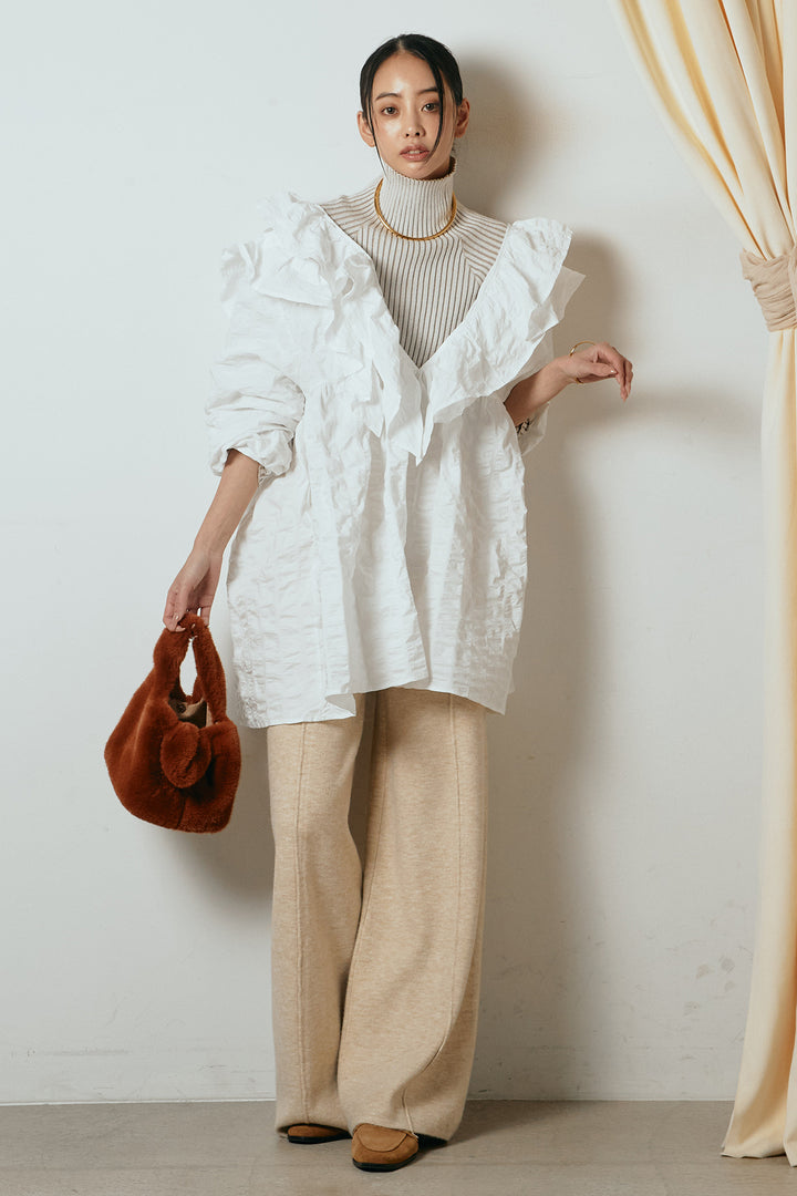 [SET]Vネックフリルカラーブラウス+リブニットシームレスタートルプルオーバー+センターラインニットパンツ(3set)