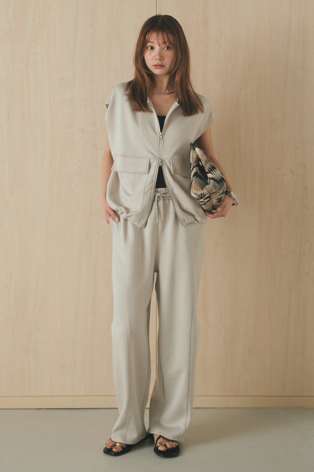 [SET]ボンディング生地ジップベスト+ボンディング生地コクーンパンツ(2set)