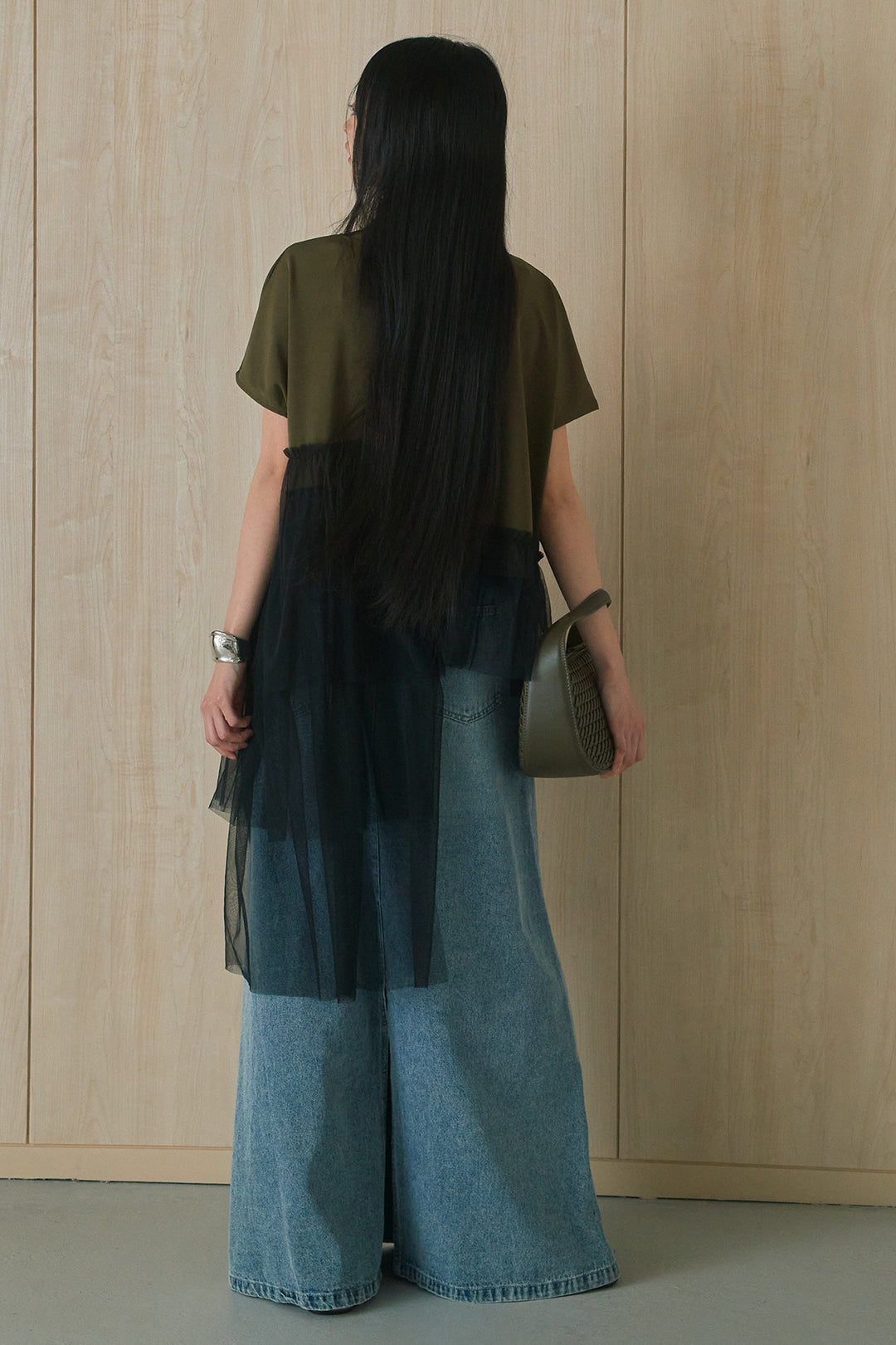 [SET]アシンメトリーチュールフリルTシャツ+デニムロングフレアスカート(2set)