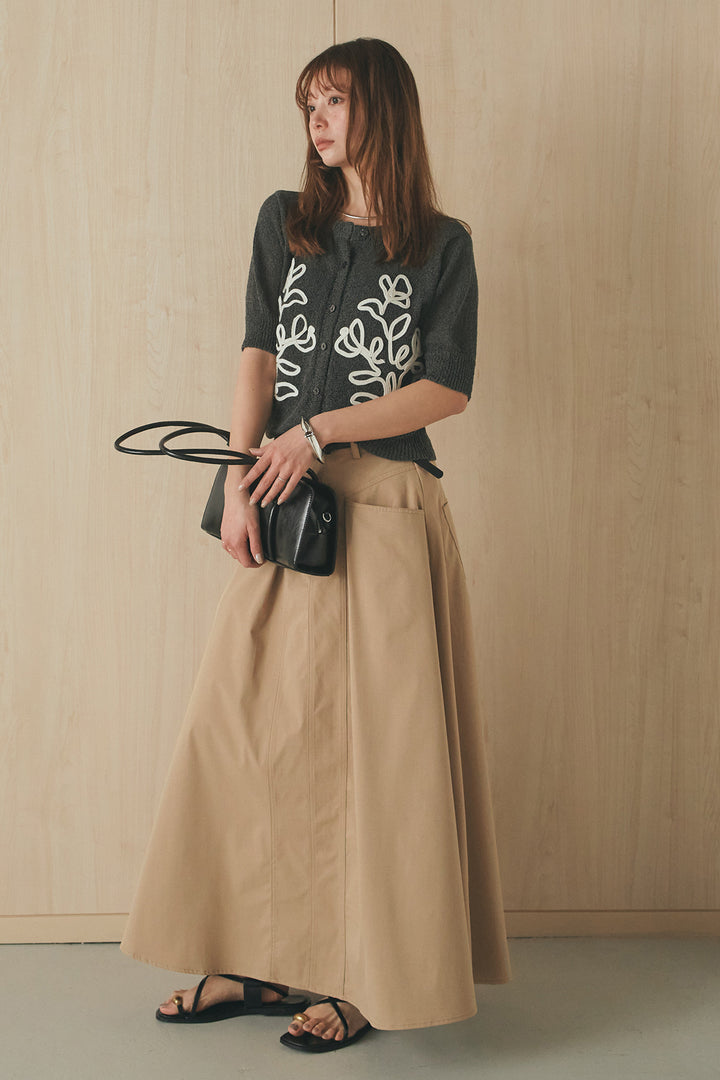 [SET]フロントテープデザイン半袖カーディガン+ミリタリーツイルタックフレアスカート(2set)