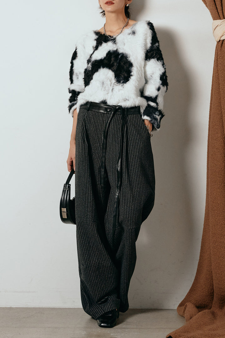 [SET]タイダイ柄シャギーニットトップス+レザーライク配色ストライプパンツ(2set)