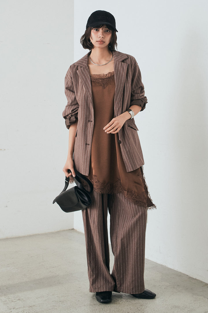 [SET]リネンライクストライプテーラードジャケット+リネンライクストライプタックイージーパンツ+サテンレースアシメキャミ(3set)