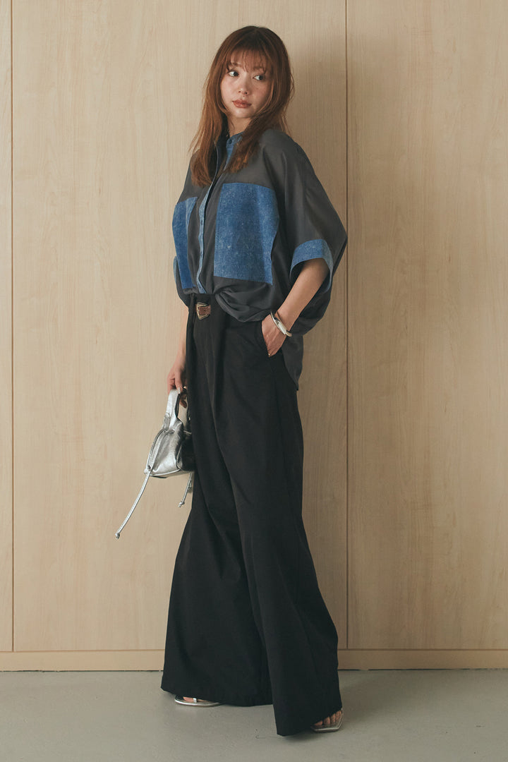 [SET]デニムライクビッグツーポケシアーシャツ+ベルトループデザインハイウエストタックパンツ(2set)