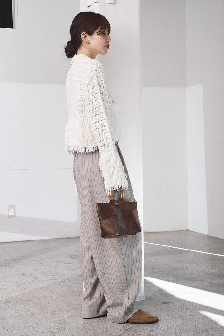 [SET]メッシュフリンジカーディガン+ヘリンボーンストライプツータックパンツ(2set)