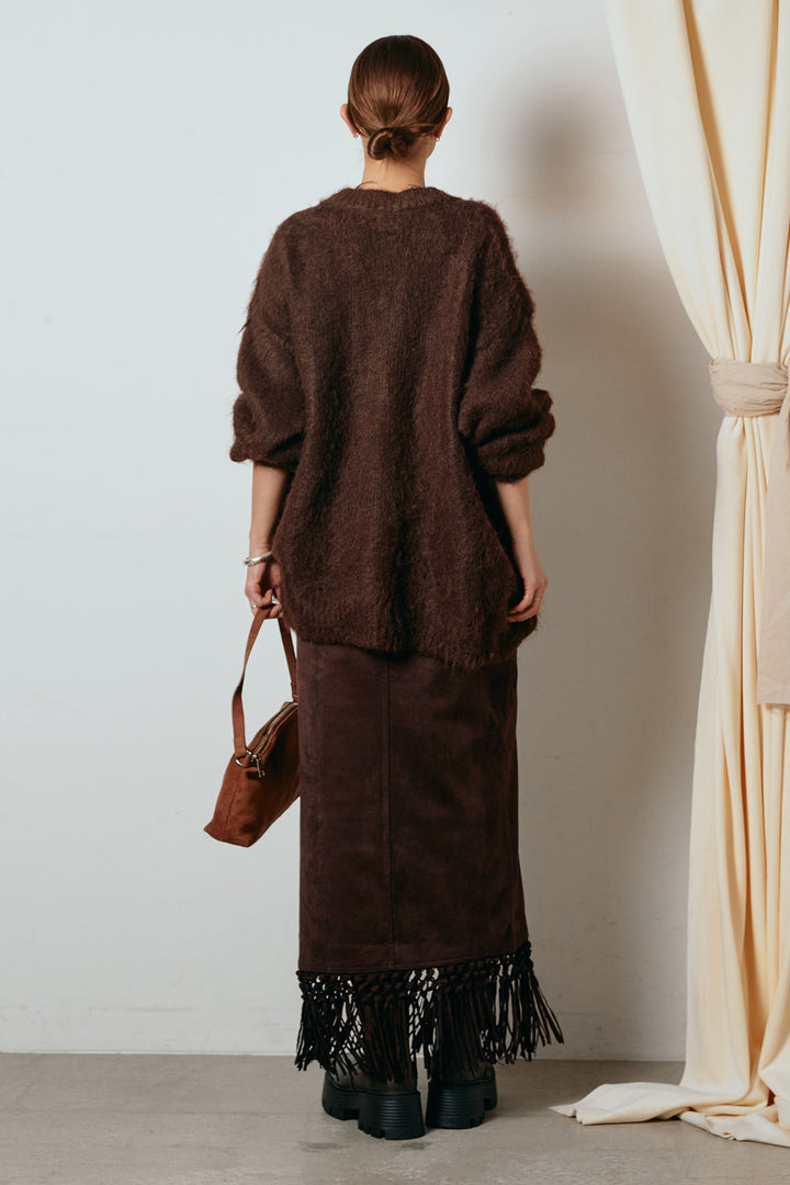 [SET]シャギーニュアンスアニマルニット+スウェードライク裾フリンジスカート(2set)