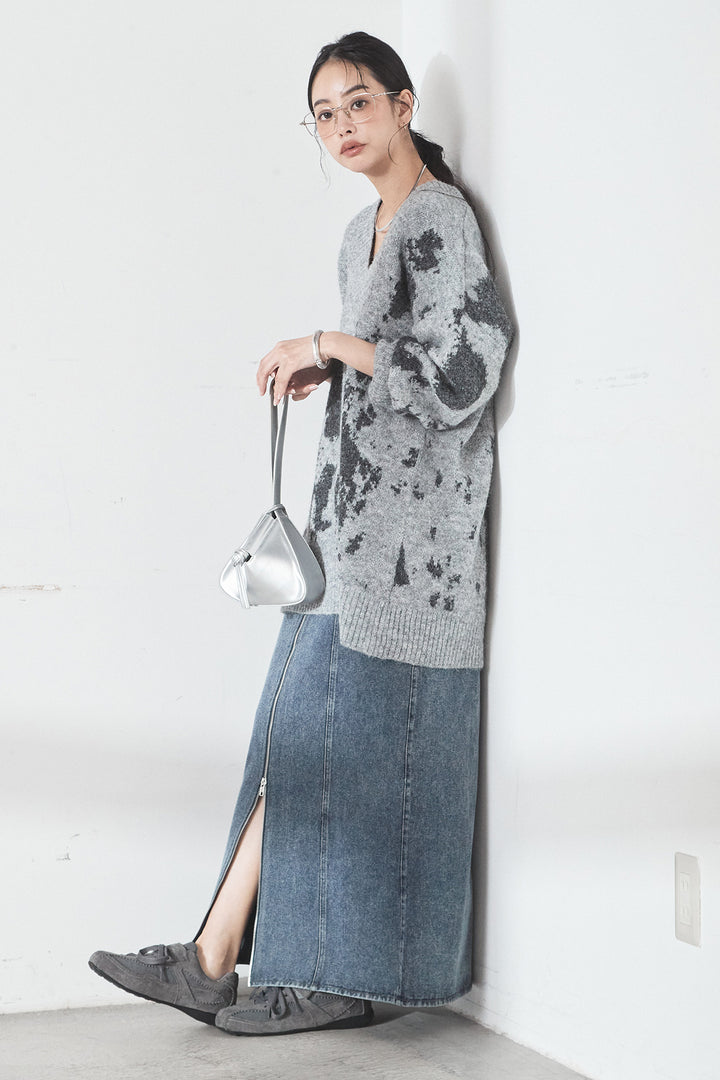 [SET]アブストラクト柄ニットプルオーバー+フロントジップデニムスカート(2set)