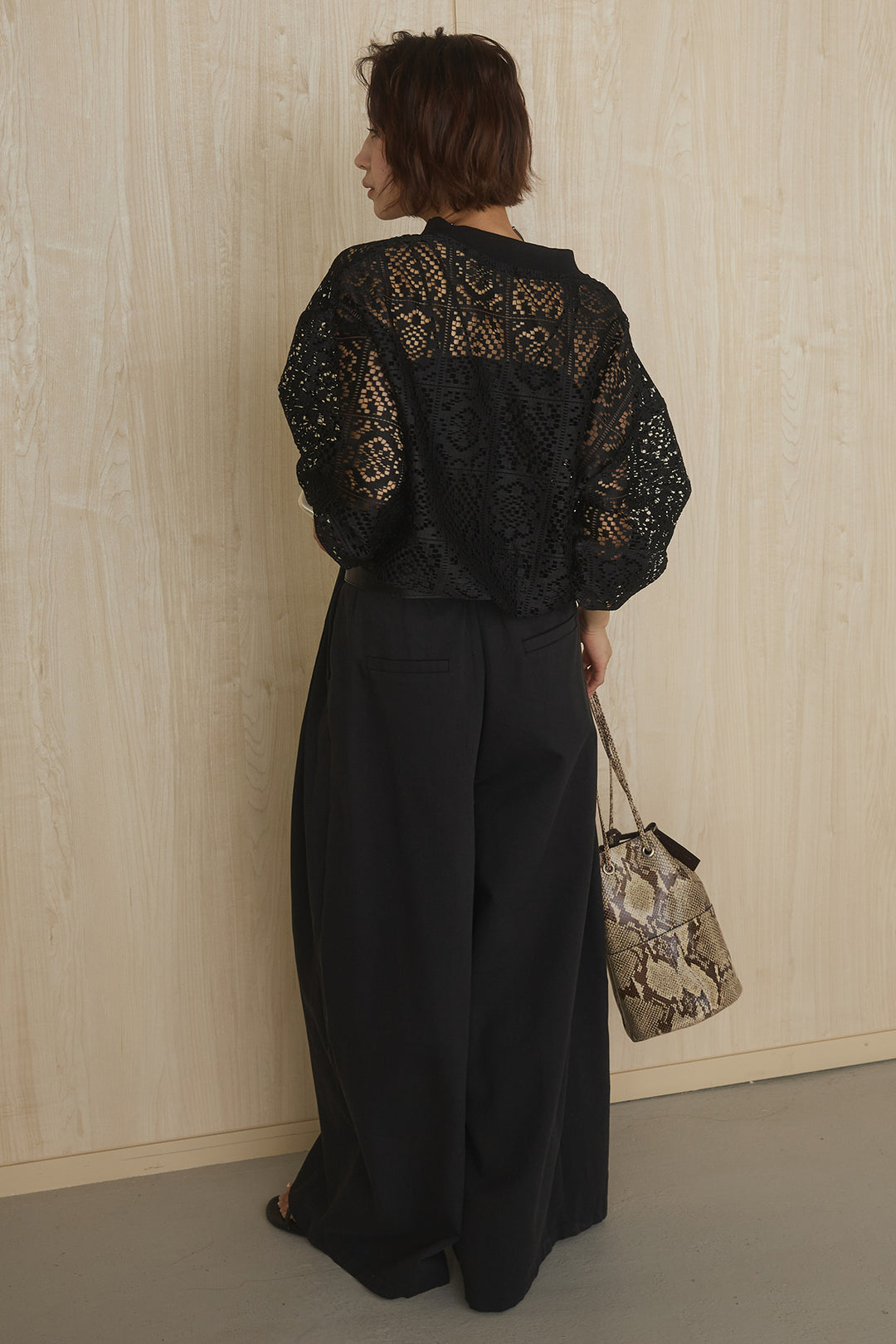 [SET]幾何レースブルゾン+ベルト付きビックループワイドパンツ(2set)