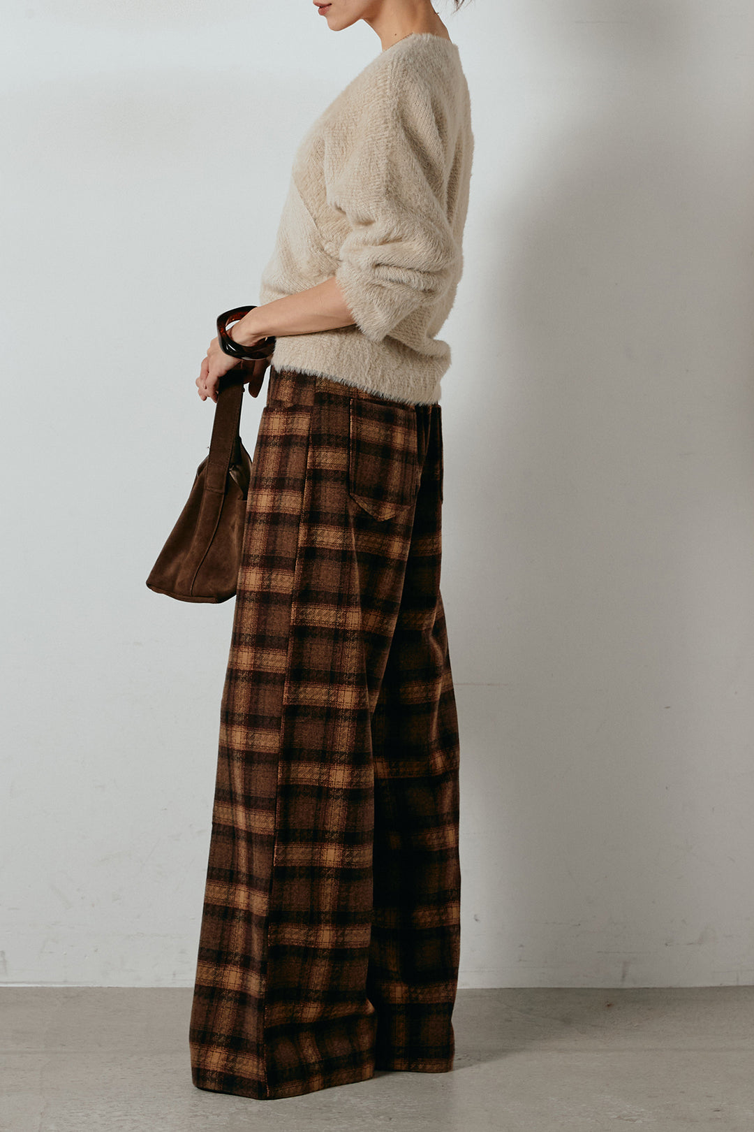 [SET]シャギーカシュクールニットトップス+ルーズタータンチェックワイドパンツ(2set)