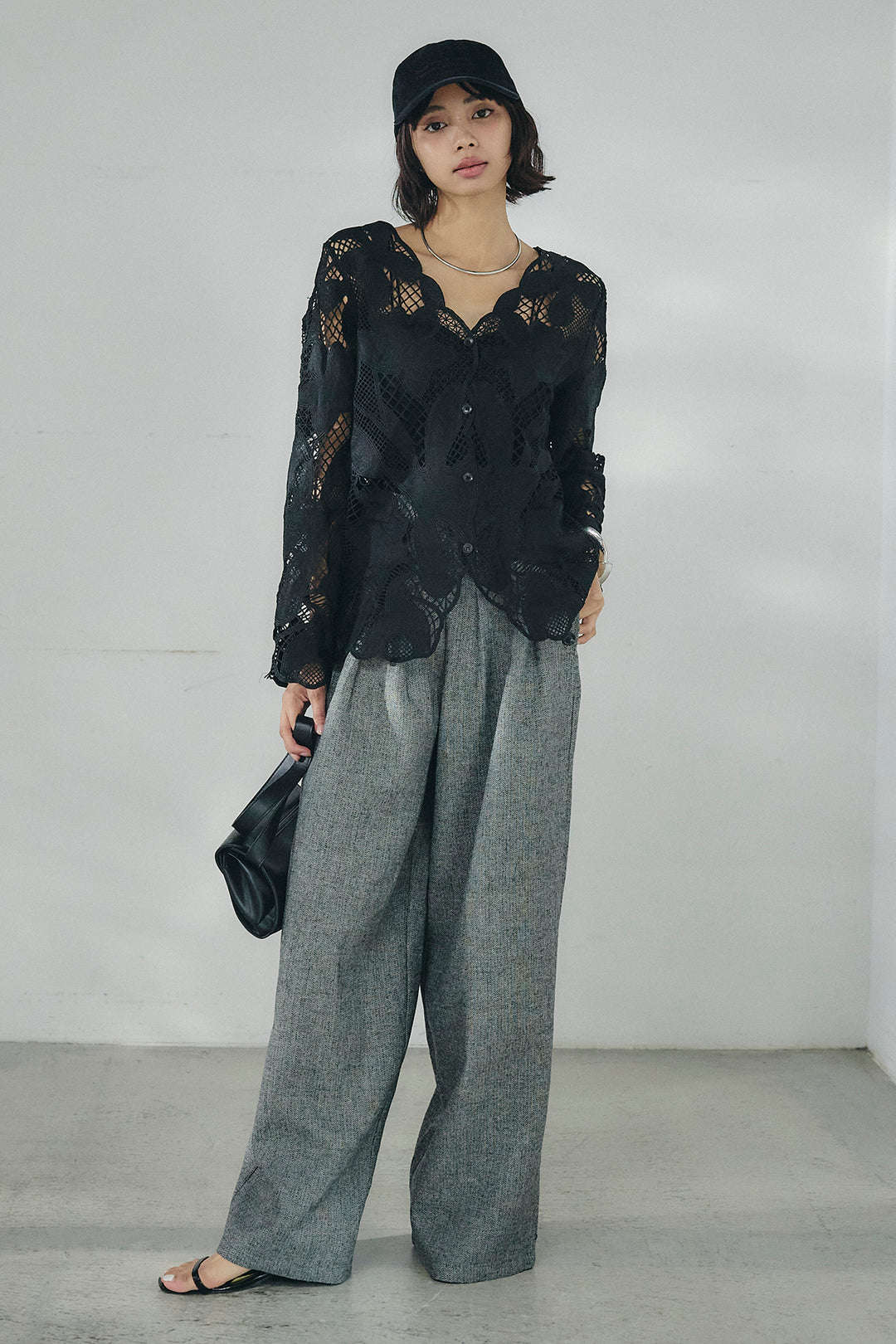[SET]フラワー刺繍レースブラウス+サイドボタンツイードタックパンツ(2set)