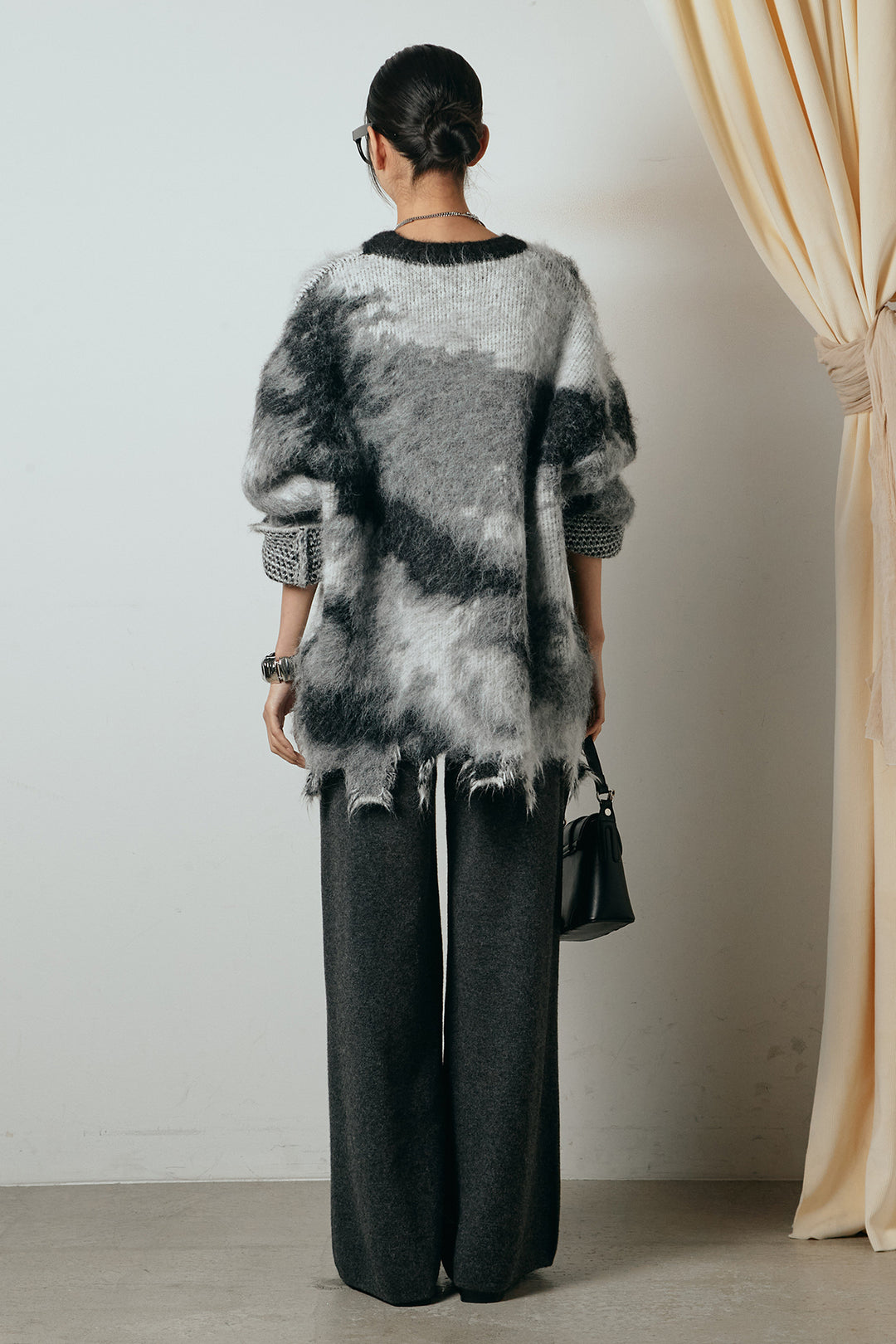 [SET]起毛裾デザインニュアンス柄ニットトップス+センターラインニットパンツ(2set)