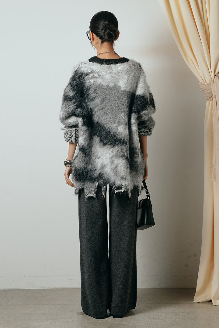 [SET]起毛裾デザインニュアンス柄ニットトップス+センターラインニットパンツ(2set)