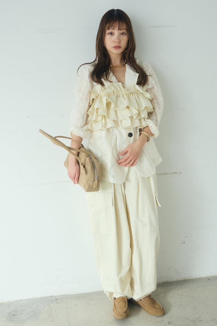 [SET]刺繍シアーテーラードジャケット+撥水フリルビスチェ+撥水ジョガーパンツ(3set)