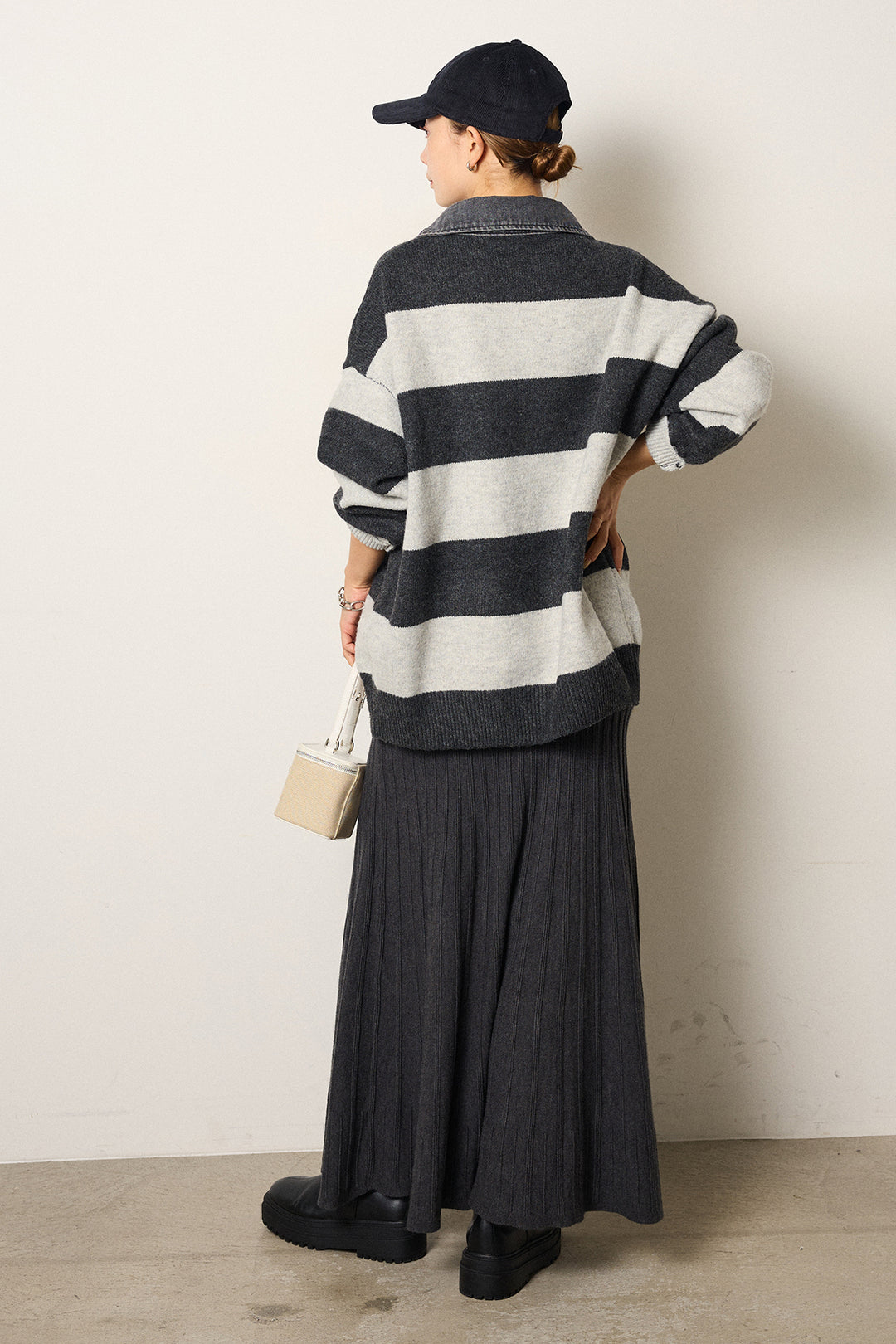 [SET]デニムカラーボーダールーズニット+編み地切り替えフレアニットスカート(2set)