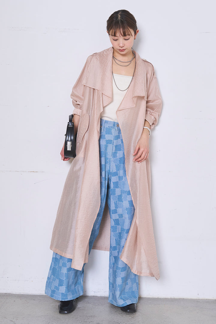 [SET]ロングシアーアウター+パッチワーク風デニムワイドパンツ(2set)