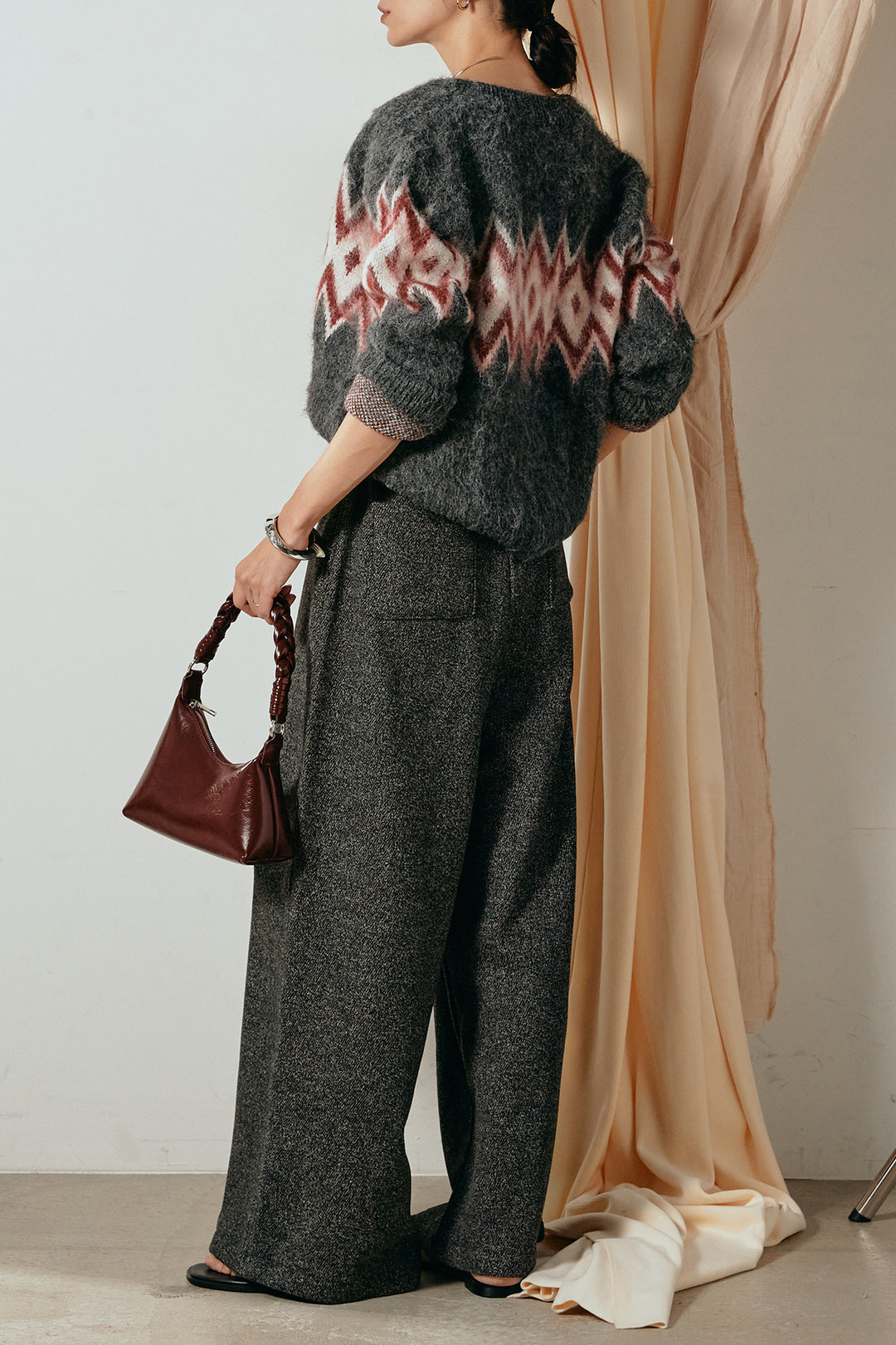 [SET]起毛ノルディック柄ニットカーディガン+太ベルト付きツイードワイドパンツ(2set)