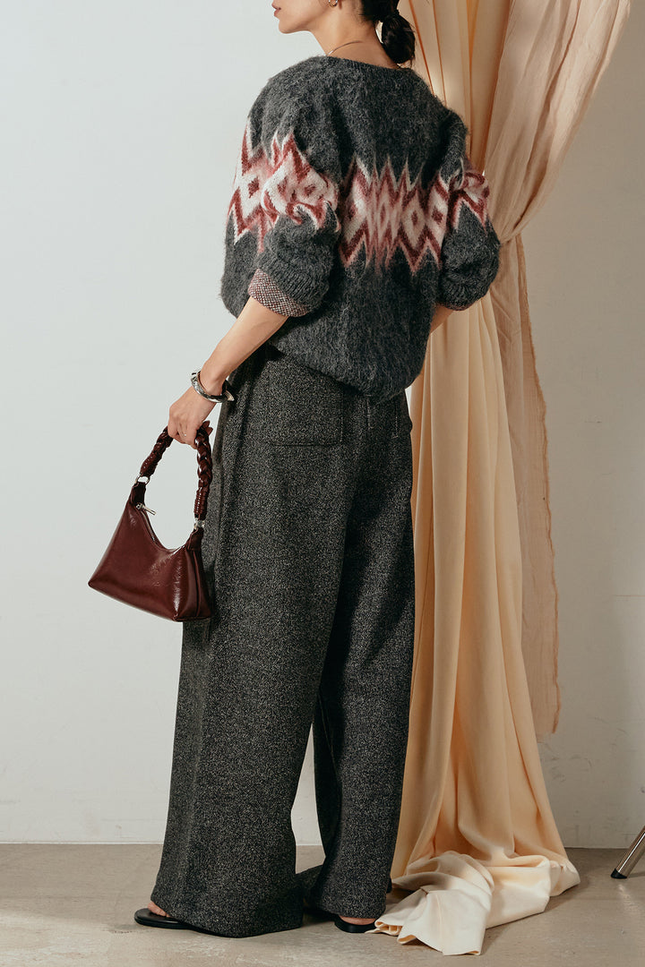 [SET]起毛ノルディック柄ニットカーディガン+太ベルト付きツイードワイドパンツ(2set)