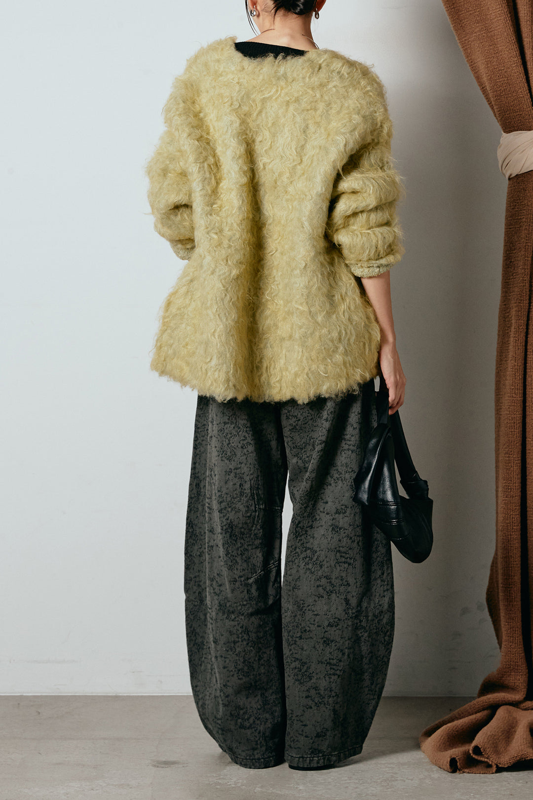 [SET]ウェーブシャギーニットジャケット+ベルト付きニュアンス柄カーブワイドパンツ(2set)