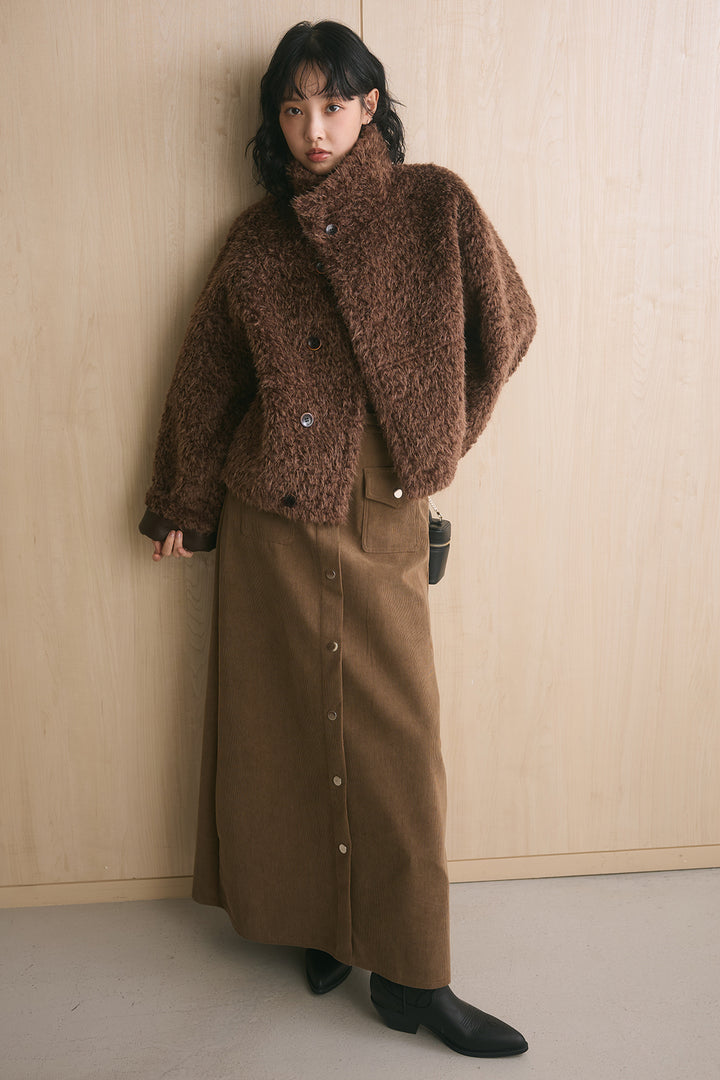 [SET]リバーシブルプードルファースタンドコート+フロントボタンコーデュロイスカート(2set)
