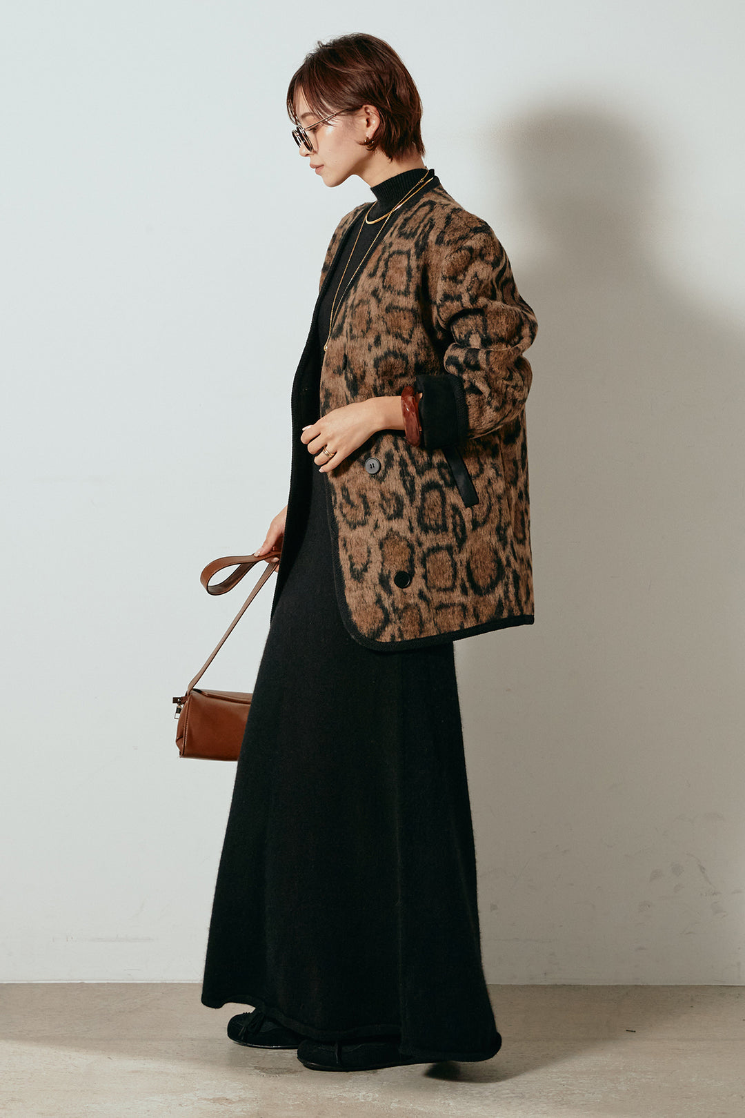 [SET]ノーカラーレオパード柄アウター+ノースリーブニットロングワンピース(2set)