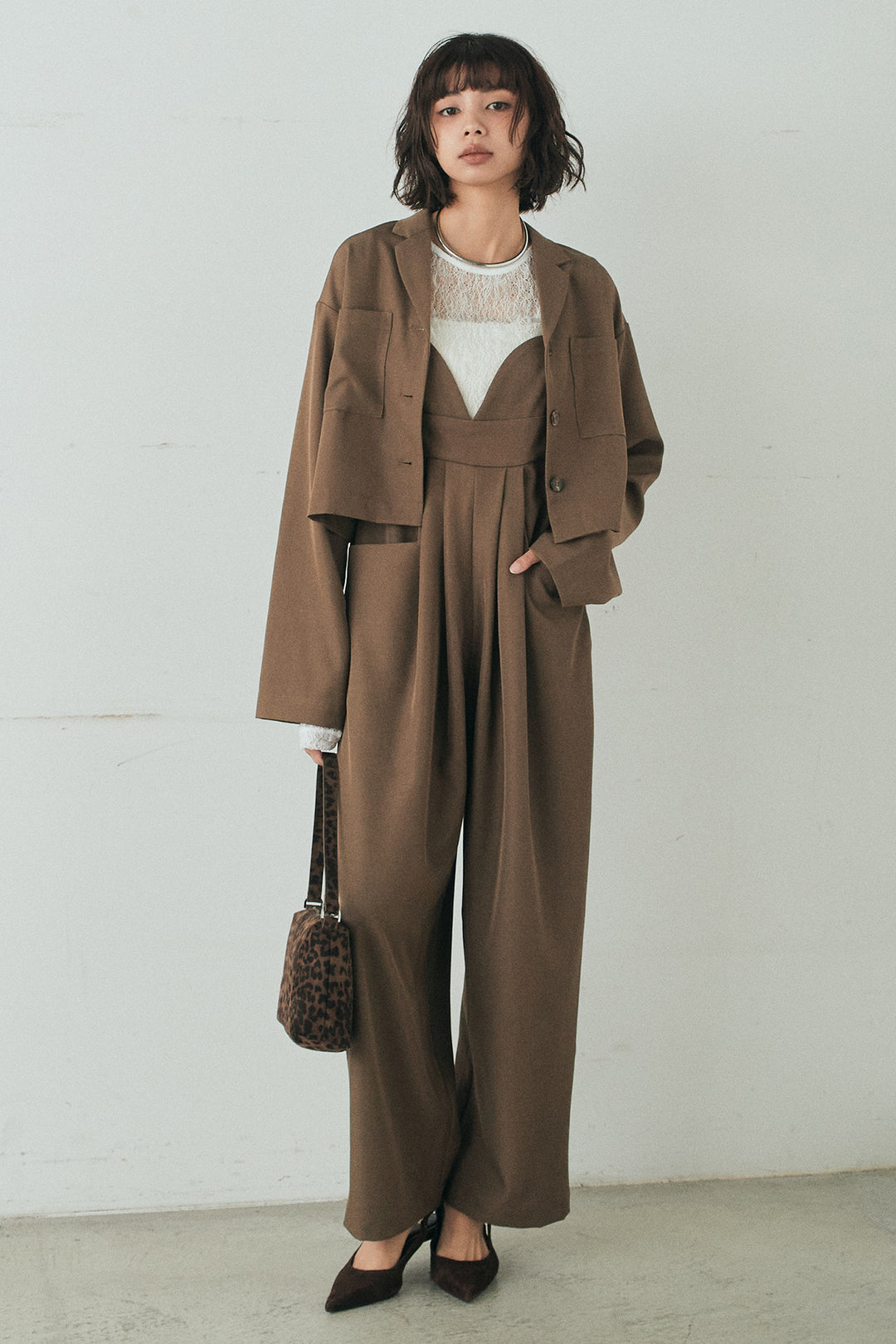 [SET]バックジップデザインショートツイルジャケット+キャミロングオールインワン(2set)