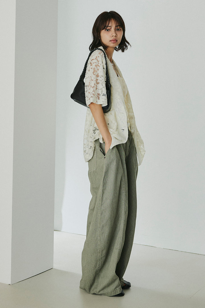 [SET]シアージャガードハーフスリーブテーラードジャケット+サイドベルトカーブワイドパンツ(2set)