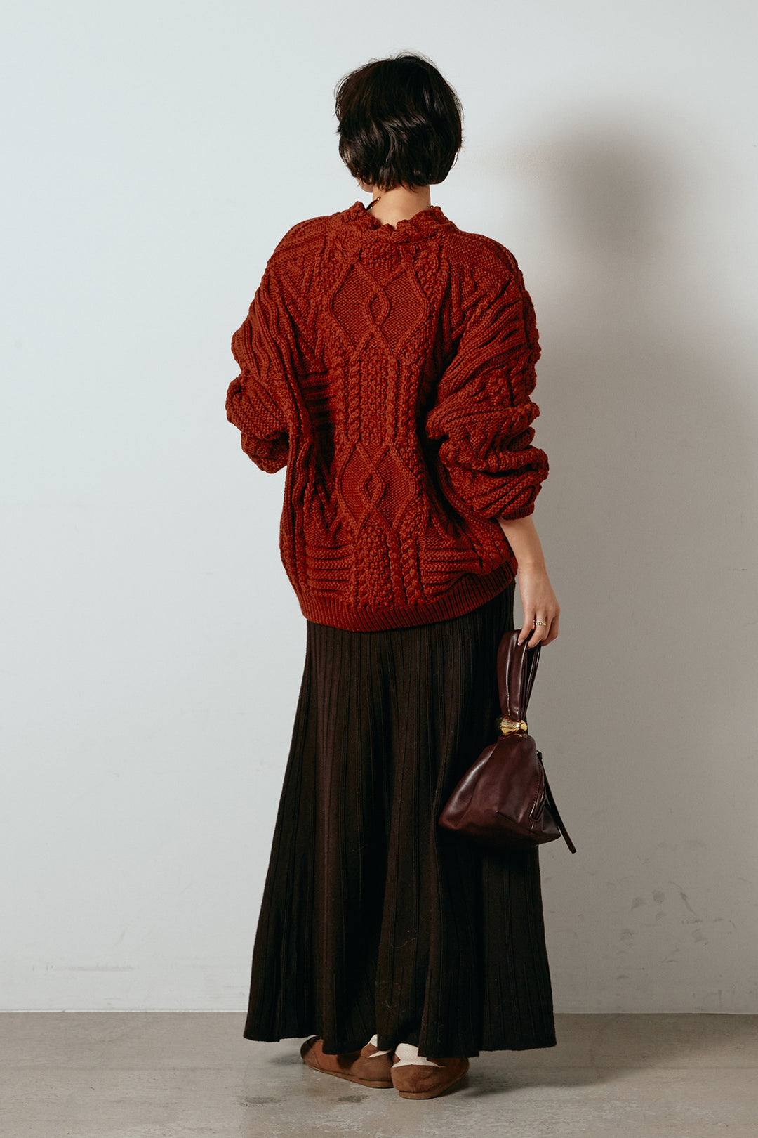 [SET]アラン柄ミックスケーブルニット+編み地切り替えフレアニットスカート(2set)