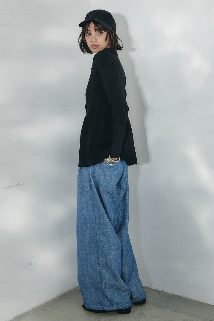 [SET]スキッパーペプラムニット+デニムライクヘリンボーンタックパンツ(2set)