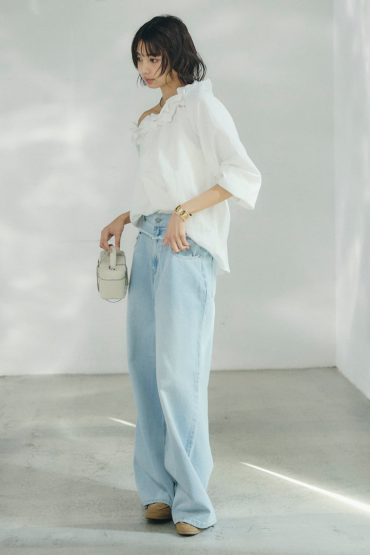 [SET]ネックフリルデザインブラウス+ウエスト裁ち切りデニムワイドパンツ(2set)