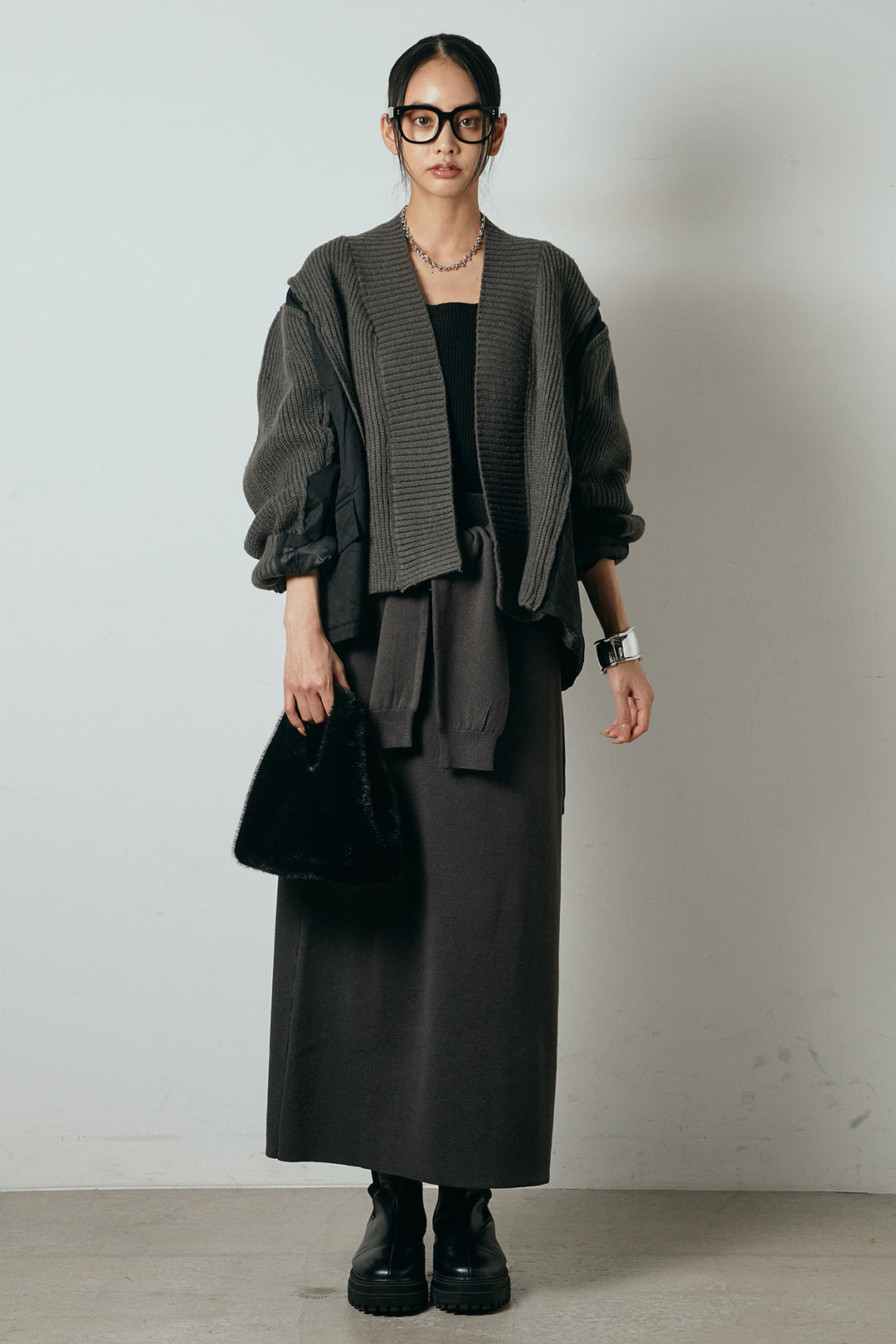 [SET]キルティング切り替えニットカーディガン+ウエストラップ巻きニットスカート(2set)