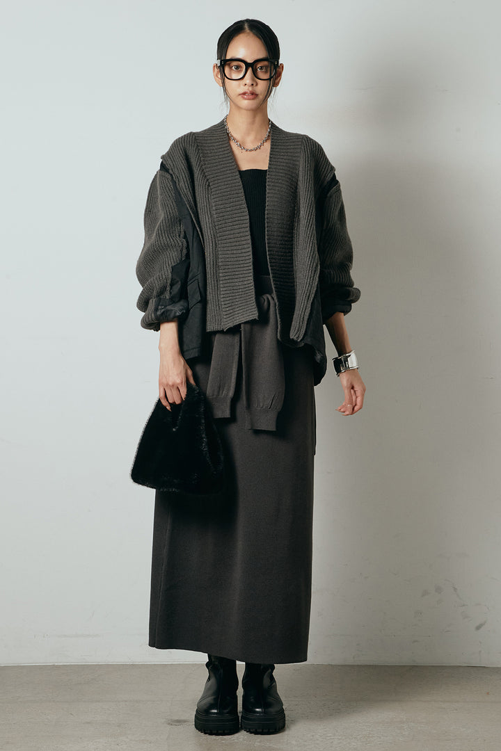[SET]キルティング切り替えニットカーディガン+ウエストラップ巻きニットスカート(2set)