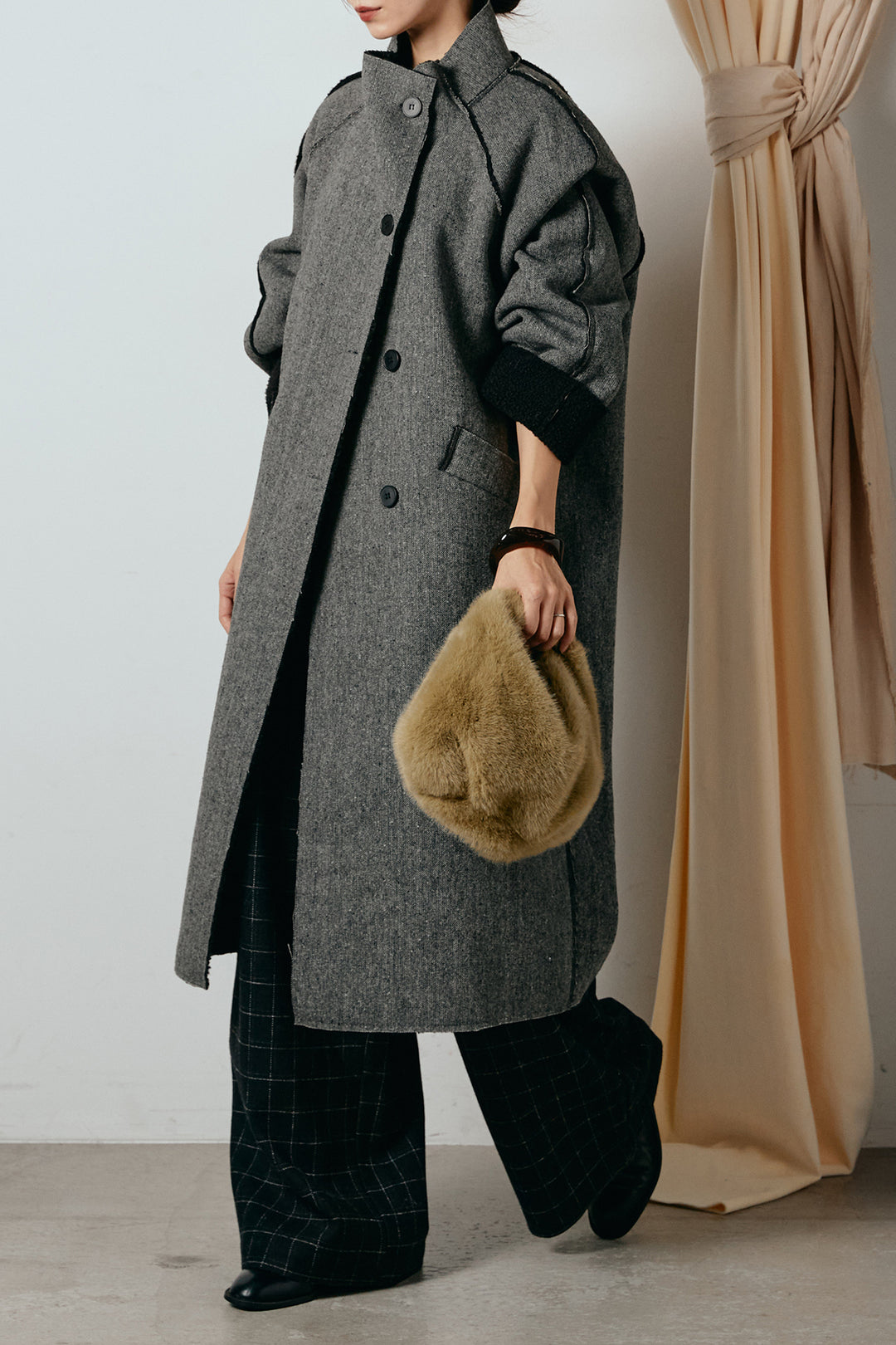 [SET]裏地ボアハイネックロングアウター+ウールライクチェックタックパンツ(2set)