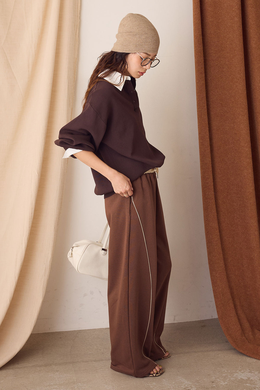 【即納】襟付きポロトップス/ブラウン