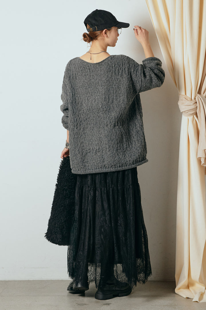 [SET]ボリューム編みニットプルオーバー+ひげレース切替ロング丈スカート(2set)