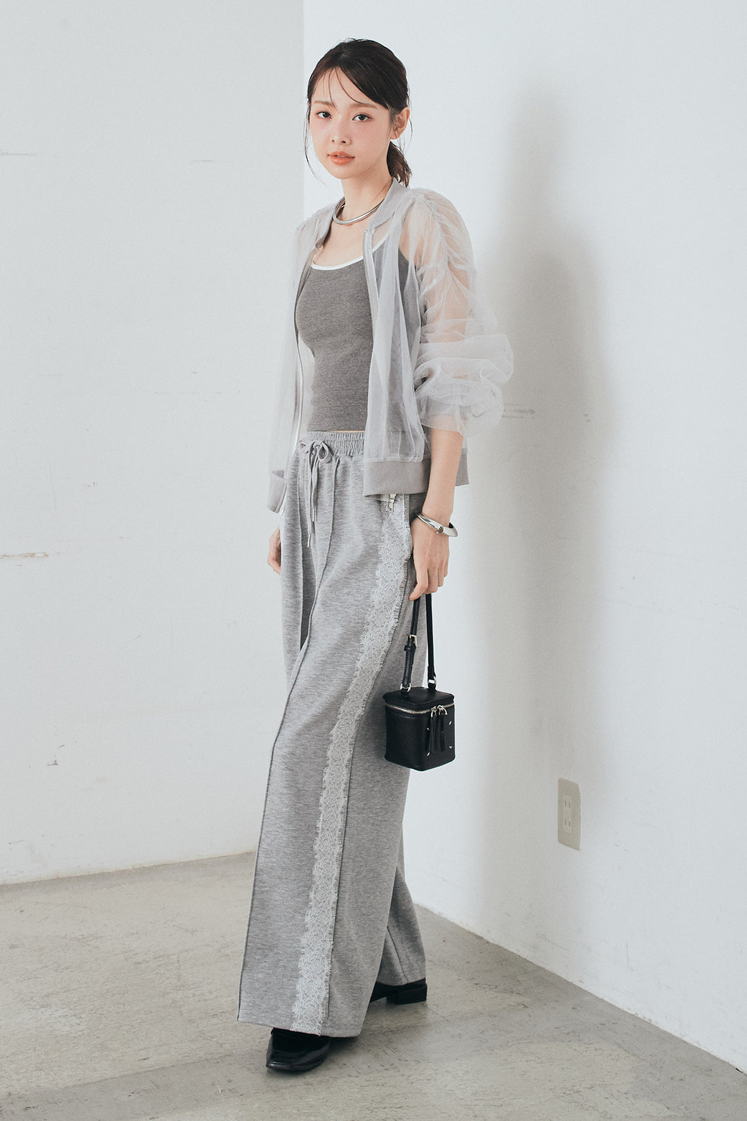 [SET]エアリーチュールスリーブシアーブルゾン+Wフェイスカットソーサイドレースラインパンツ(2set)