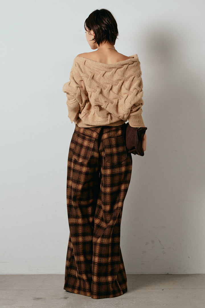 [SET]ボートネックニットトップス+ルーズタータンチェックワイドパンツ(2set)